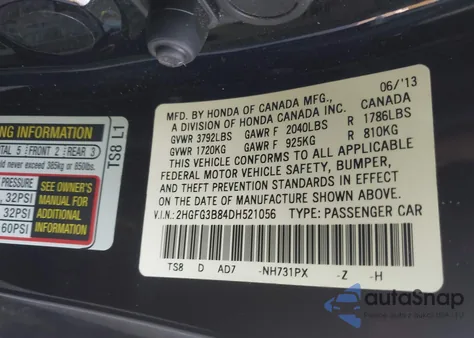 2013 Honda Civic Ex из США, поврежденный, VIN 2HGFG3B84DH521056